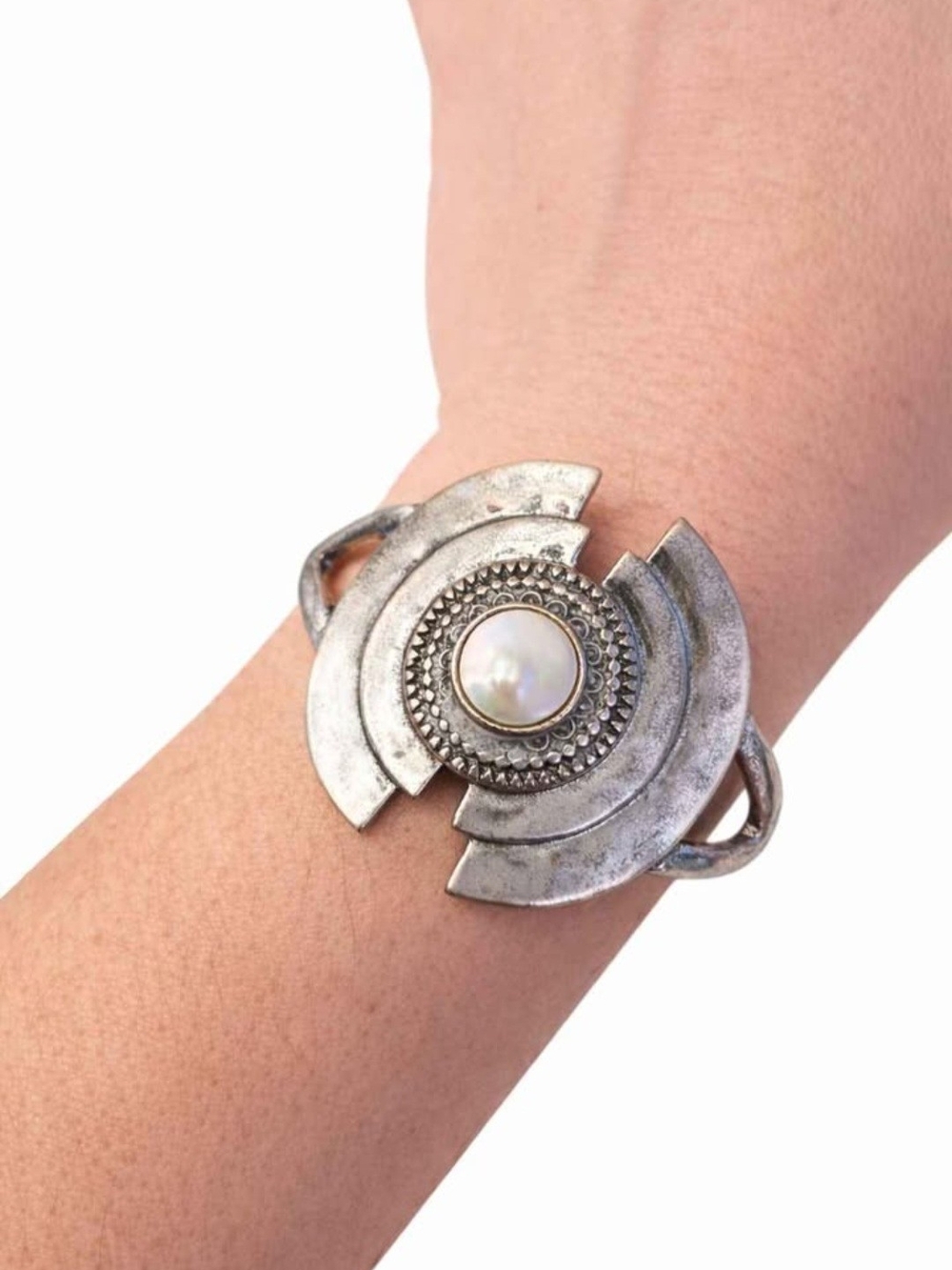 Silver Pearl Center Statement Cuff Bracelet
